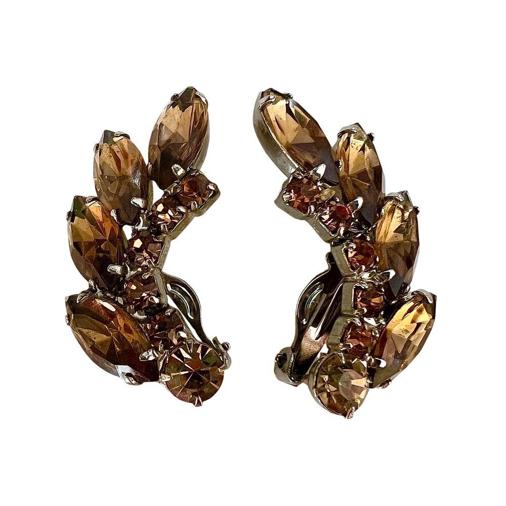 Vintage Brown Jewel Clip On Ear Climber Earrings